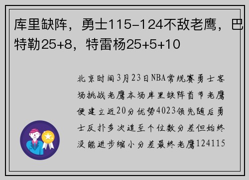 库里缺阵，勇士115-124不敌老鹰，巴特勒25+8，特雷杨25+5+10